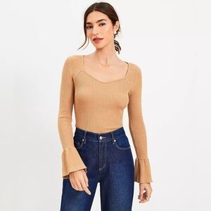 NWT - LOFT Camel Shimmer Ribbed Sweetheart Neck Flare Cuff Sweater - Size L